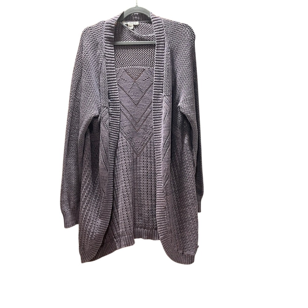 Roxy Oversized Open Knit Cardigan Purple Pointelle Chevron Longline Sweater L